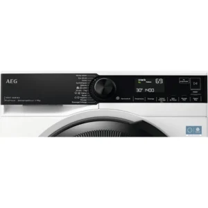 Gros plan sur le panneau de commande du lave-linge AEG LFR731411V, doté d'un écran numérique, de plusieurs boutons et d'un cadran.