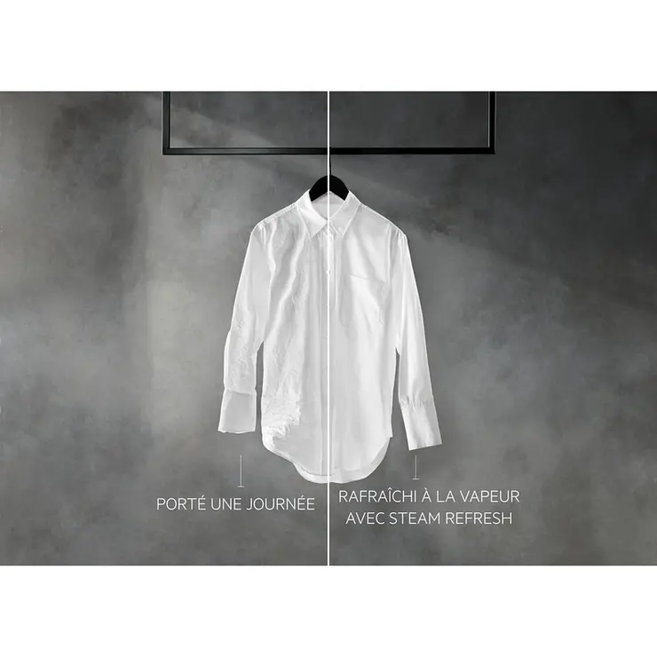 Bien sûr ! Voici la phrase réécrite en intégrant les informations sur votre produit : Une chemise blanche est divisée en deux parties ; d'un côté, elle est froissée, tandis que de l'autre, elle semble lisse et comme neuve, ce qui illustre parfaitement les résultats impressionnants obtenus grâce à l'AEG LFR731411V.