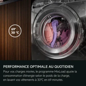 Le lave-linge à chargement frontal AEG LFR731411V est en marche ; on aperçoit le linge à l'intérieur du tambour et l'écran indique qu'il reste 69 minutes et que la température de lavage est de 30 °C.