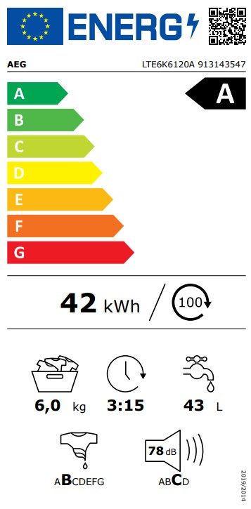 Étiquette énergétique du modèle AEG LTE6K6120A : classe A, 42 kWh pour 100 cycles, capacité de charge de 6 kg, durée du cycle de 3 heures 15 minutes, consommation d'eau de 43 litres par cycle et niveau sonore de 78 dB.