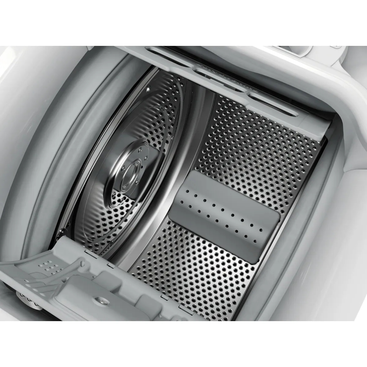 Vue de dessus du tambour en acier inoxydable de la machine à laver AEG LTE6K6120A, doté de parois perforées et d'un agitateur en plastique, mettant en valeur son design efficace et moderne.