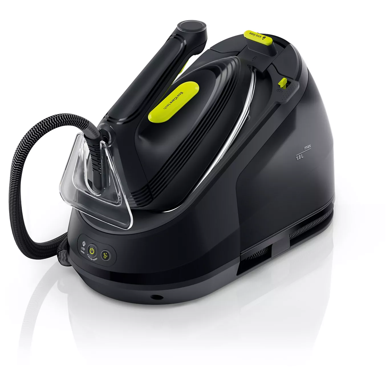 Un fer à vapeur BRAUN IS3257BK, de couleur noire et verte, dont le cordon est enroulé autour de la base, repose sur une surface blanche.
