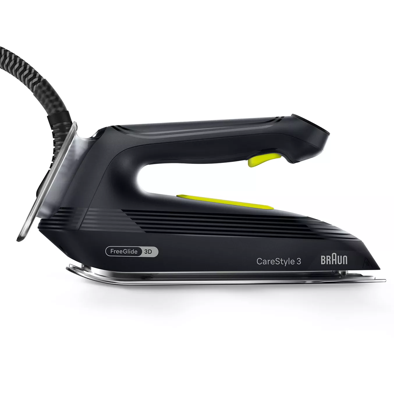 Un fer à vapeur BRAUN IS3257BK noir, au design épuré et doté d'un cordon apparent, est présenté sur un fond blanc.