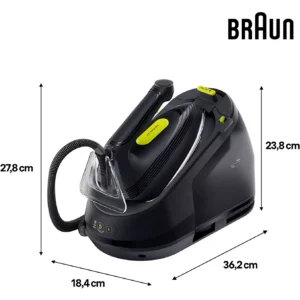 Le fer à vapeur BRAUN IS3257BK est disponible en noir et présente les dimensions suivantes : 27,8 cm de hauteur, 23,8 cm de profondeur, 36,2 cm de longueur et 18,4 cm de largeur.