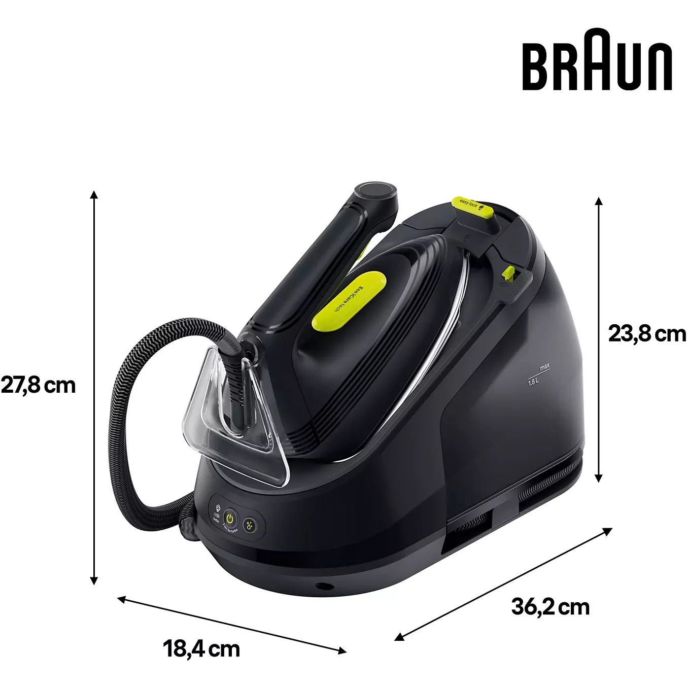 Le fer à vapeur BRAUN IS3257BK est disponible en noir et présente les dimensions suivantes : 27,8 cm de hauteur, 23,8 cm de profondeur, 36,2 cm de longueur et 18,4 cm de largeur.