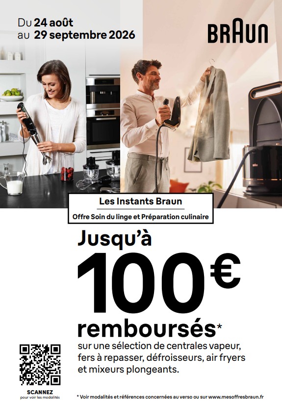 Une femme utilisant un mixeur plongeant, un homme repassant une chemise à la vapeur : découvrez l'efficacité des appareils électroménagers Braun. Avec ODR BRAUN, profitez d'une promotion vous permettant d'obtenir jusqu'à 100 € de remboursement sur une sélection de produits jusqu'en mai 2025. Ne manquez pas cette occasion ! Profitez de cette offre et modernisez votre intérieur dès aujourd'hui.