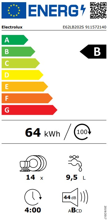 Avec un label énergétique de classe B, une consommation de 64 kWh pour 100 cycles, une capacité de 14 couverts, une consommation d'eau de seulement 9,5 L par cycle, une durée de cycle de 4 heures et un niveau sonore de seulement 44 dB, le lave-vaisselle ELECTROLUX E62LB202S offre des performances de lavage efficaces.