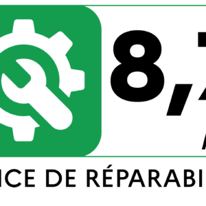 Un engrenage vert sur fond blanc, sur lequel figurent le symbole d'une clé et la mention « 8,7/10 Indice de réparabilité » — une image souvent associée au modèle ELECTROLUX E62LB202S.