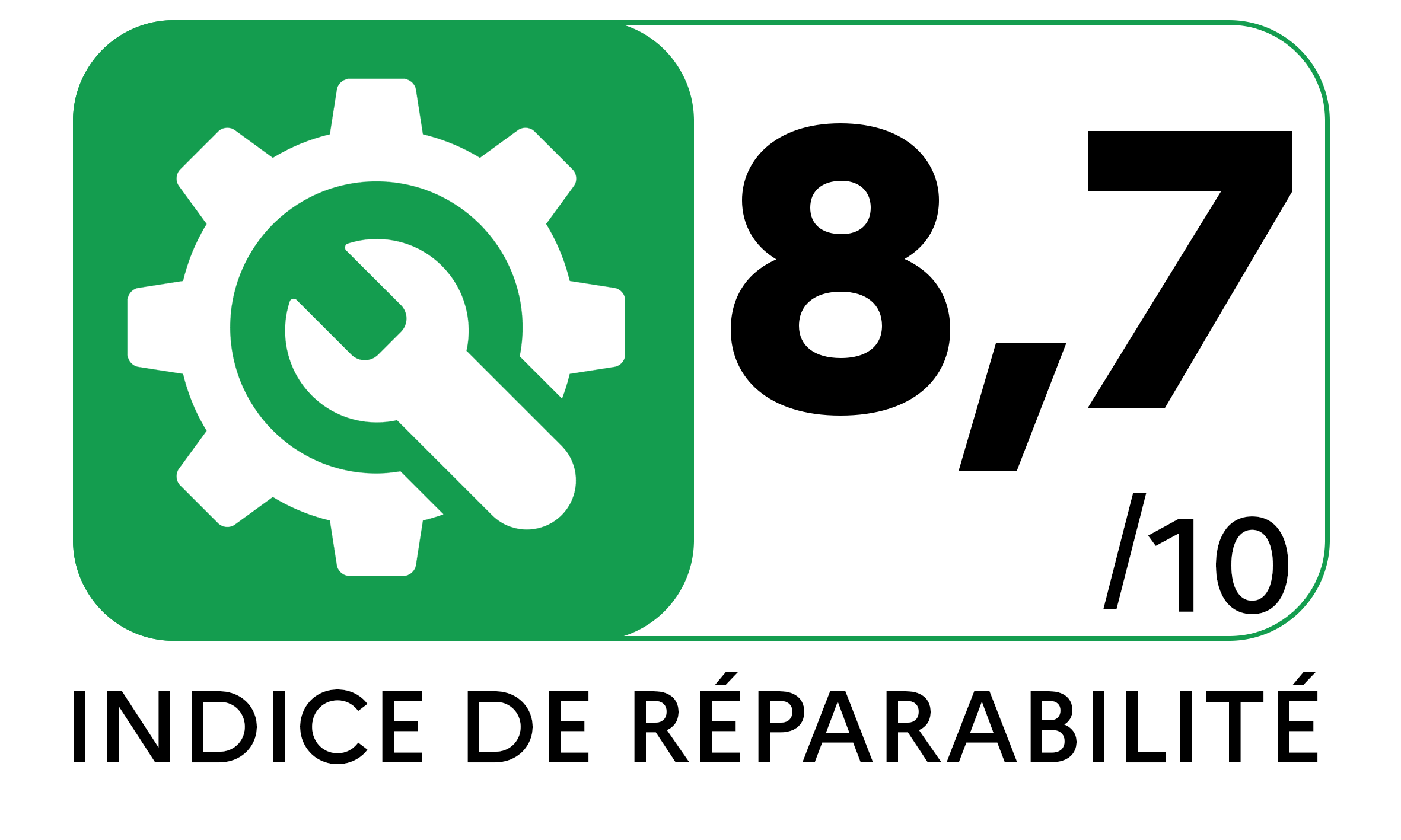 Un engrenage vert sur fond blanc, sur lequel figurent le symbole d'une clé et la mention « 8,7/10 Indice de réparabilité » — une image souvent associée au modèle ELECTROLUX E62LB202S.