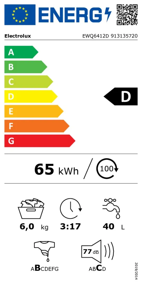 Le lave-linge ELECTROLUX EWQ6412D affiche une classe énergétique D et consomme 65 kWh par cycle. Elle peut accueillir jusqu'à 6 kg de linge, avec une durée de lavage de 3 heures et 17 minutes, consomme 40 litres d'eau par cycle et fonctionne à un niveau sonore de seulement 77 dB.