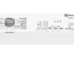Panneau de commande blanc pour le lave-linge ELECTROLUX EWQ6412D, comprenant un sélecteur de programme, des boutons étiquetés et des voyants lumineux.