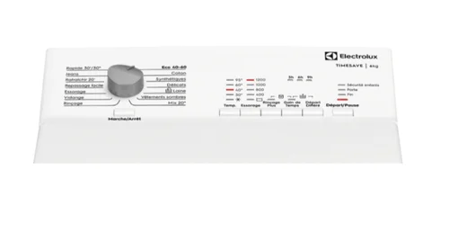 Panneau de commande blanc pour le lave-linge ELECTROLUX EWQ6412D, comprenant un sélecteur de programme, des boutons étiquetés et des voyants lumineux.