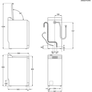 Plans techniques de la machine à laver ELECTROLUX EWQ6412D, comprenant les dimensions détaillées ainsi que plusieurs vues latérales et de dessus.