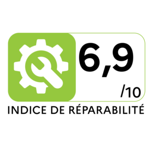Une icône verte représentant le score de réparabilité affiche une note de 6,9 sur 10, accompagnée de la mention « Indice de réparabilité », ce qui indique que le lave-linge ELECTROLUX EWQ6412D est facile à réparer.