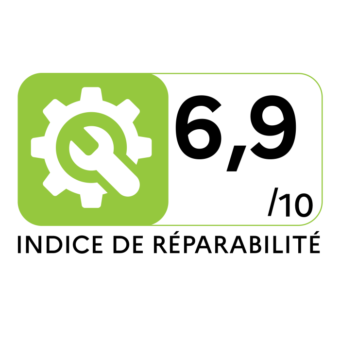 Une icône verte représentant le score de réparabilité affiche une note de 6,9 sur 10, accompagnée de la mention « Indice de réparabilité », ce qui indique que le lave-linge ELECTROLUX EWQ6412D est facile à réparer.