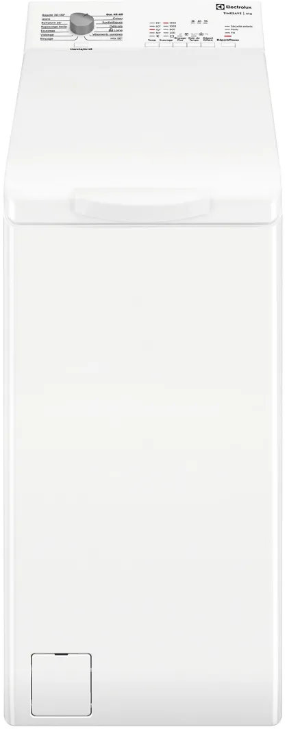 La machine à laver à chargement par le haut ELECTROLUX EWQ6412D est disponible en blanc et dispose d'un panneau de commande facile à utiliser, doté d'un bouton situé à l'avant pour une utilisation pratique.