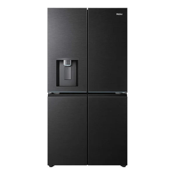 Le modèle HAIER HCW99F18DIMB est un réfrigérateur noir à quatre portes, doté d'un congélateur spacieux et d'un distributeur d'eau situé sur la porte avant gauche.