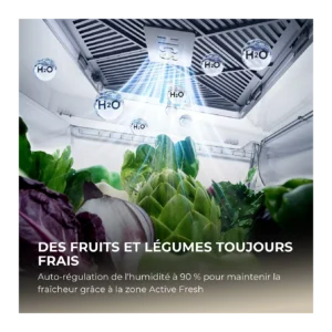 Des légumes frais à l'intérieur du réfrigérateur HAIER HCW99F18DIMB, illustrés par des symboles H2O flottants pour mettre en avant son système avancé de contrôle de l'humidité — conçu avec soin pour préserver le croquant et la fraîcheur de vos fruits et légumes. Ce modèle s'associe également de manière pratique à un congélateur, répondant ainsi à tous vos besoins en matière de conservation des aliments.
