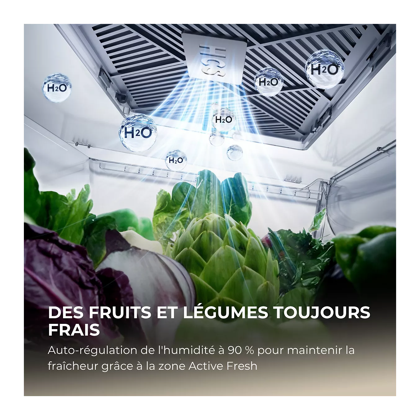 Des légumes frais à l'intérieur du réfrigérateur HAIER HCW99F18DIMB, illustrés par des symboles H2O flottants pour mettre en avant son système avancé de contrôle de l'humidité — conçu avec soin pour préserver le croquant et la fraîcheur de vos fruits et légumes. Ce modèle s'associe également de manière pratique à un congélateur, répondant ainsi à tous vos besoins en matière de conservation des aliments.