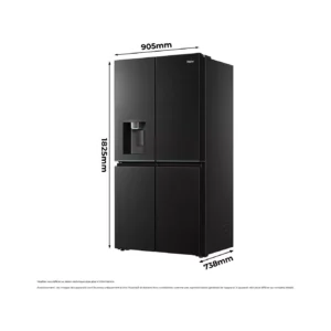 Le HAIER HCW99F18DIMB est un réfrigérateur noir aux lignes épurées à quatre portes, équipé d'un distributeur d'eau très pratique. Ses dimensions sont de 905 mm de largeur, 1 825 mm de hauteur et 738 mm de profondeur.
