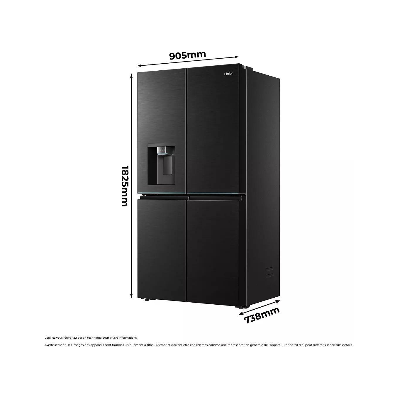 Le HAIER HCW99F18DIMB est un réfrigérateur noir aux lignes épurées à quatre portes, équipé d'un distributeur d'eau très pratique. Ses dimensions sont de 905 mm de largeur, 1 825 mm de hauteur et 738 mm de profondeur.