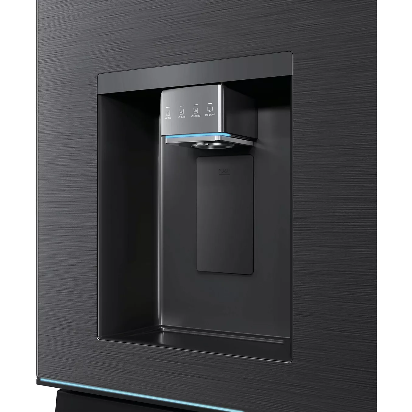 Bien sûr ! Voici la phrase reformulée : Gros plan sur le distributeur d'eau et de glaçons du modèle HAIER HCW99F18DIMB, mettant en valeur ses commandes tactiles modernes qui se détachent sur une élégante finition texturée foncée.