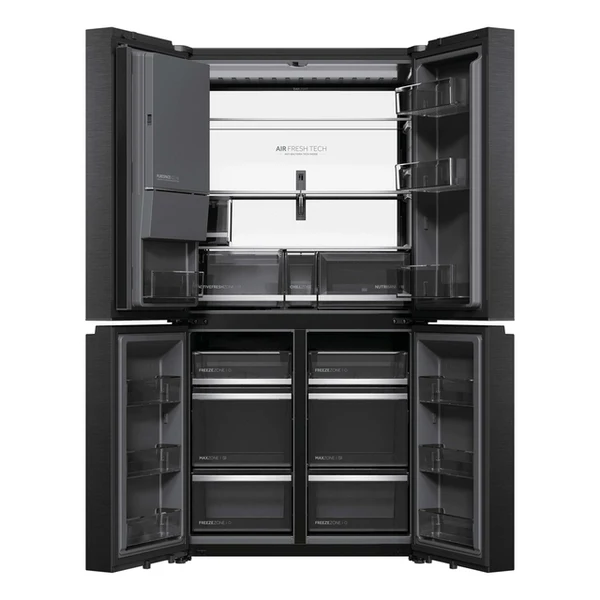 Ce réfrigérateur noir spacieux et moderne, doté de quatre portes battantes, offre des étagères et des compartiments vides — il est idéal à associer au congélateur coffre HAIER HCW99F18DIMB pour optimiser votre capacité de stockage alimentaire.