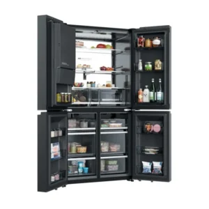 On voit ici un réfrigérateur HAIER HCW99F18DIMB noir et élégant à quatre portes, dont les portes sont ouvertes, dévoilant des aliments, des boissons et des condiments soigneusement rangés sur ses étagères et dans ses tiroirs — avec notamment un compartiment congélateur spacieux pour accueillir tous vos produits surgelés indispensables.