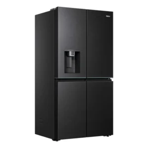Le modèle HAIER HCW99F18DIMB est un réfrigérateur noir à quatre portes, doté d'un compartiment congélateur et d'un distributeur d'eau sur la porte de gauche, présenté sur fond blanc.