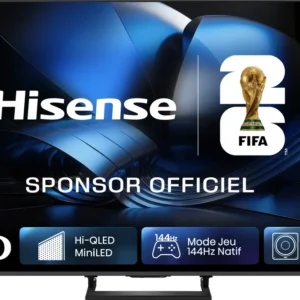 Découvrez le HISENSE 55U7S PRO, orné du logo du sponsor de la FIFA 2026. Ce modèle est doté de la technologie avancée Hi-QLED et d'un mode jeu haute performance à 144 Hz, offrant des images époustouflantes et une expérience de divertissement immersive.