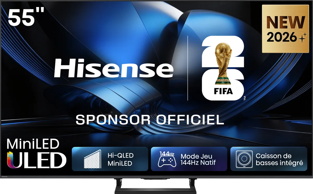 Découvrez le HISENSE 55U7S PRO, orné du logo du sponsor de la FIFA 2026. Ce modèle est doté de la technologie avancée Hi-QLED et d'un mode jeu haute performance à 144 Hz, offrant des images époustouflantes et une expérience de divertissement immersive.