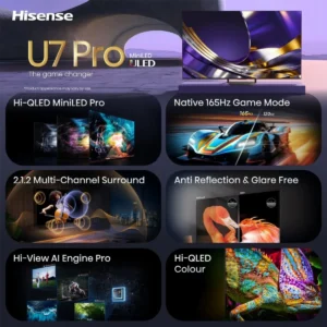 Découvrez le divertissement à domicile comme jamais auparavant avec le HISENSE 55U7S PRO. Ce téléviseur intègre la technologie MiniLED de pointe, un taux de rafraîchissement fluide de 165 Hz, un son surround immersif, un écran antireflet, un traitement IA puissant et des couleurs Hi-QLED éclatantes, offrant ainsi une qualité d'image exceptionnelle pour une expérience visuelle sans pareille.