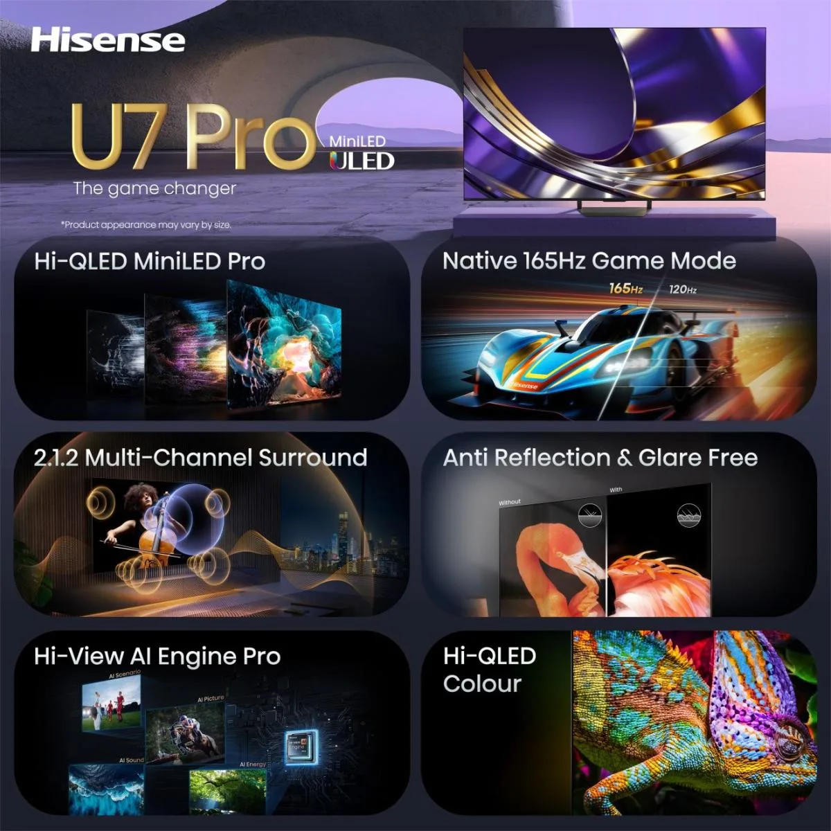 Découvrez le divertissement à domicile comme jamais auparavant avec le HISENSE 55U7S PRO. Ce téléviseur intègre la technologie MiniLED de pointe, un taux de rafraîchissement fluide de 165 Hz, un son surround immersif, un écran antireflet, un traitement IA puissant et des couleurs Hi-QLED éclatantes, offrant ainsi une qualité d'image exceptionnelle pour une expérience visuelle sans pareille.