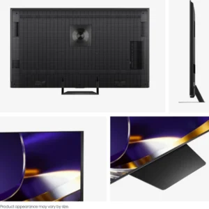 Vues de dos, de profil et en gros plan du téléviseur à écran plat HISENSE 55U7S PRO, mettant en valeur son cadre fin et son socle moderne.