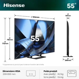 Découvrez le modèle HISENSE 55U7S PRO de 55 pouces, avec ses dimensions et son poids en français, illustré par des vues de face et de profil.