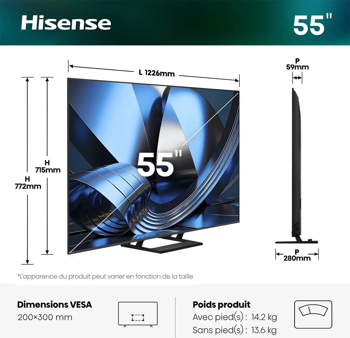 Découvrez le modèle HISENSE 55U7S PRO de 55 pouces, avec ses dimensions et son poids en français, illustré par des vues de face et de profil.