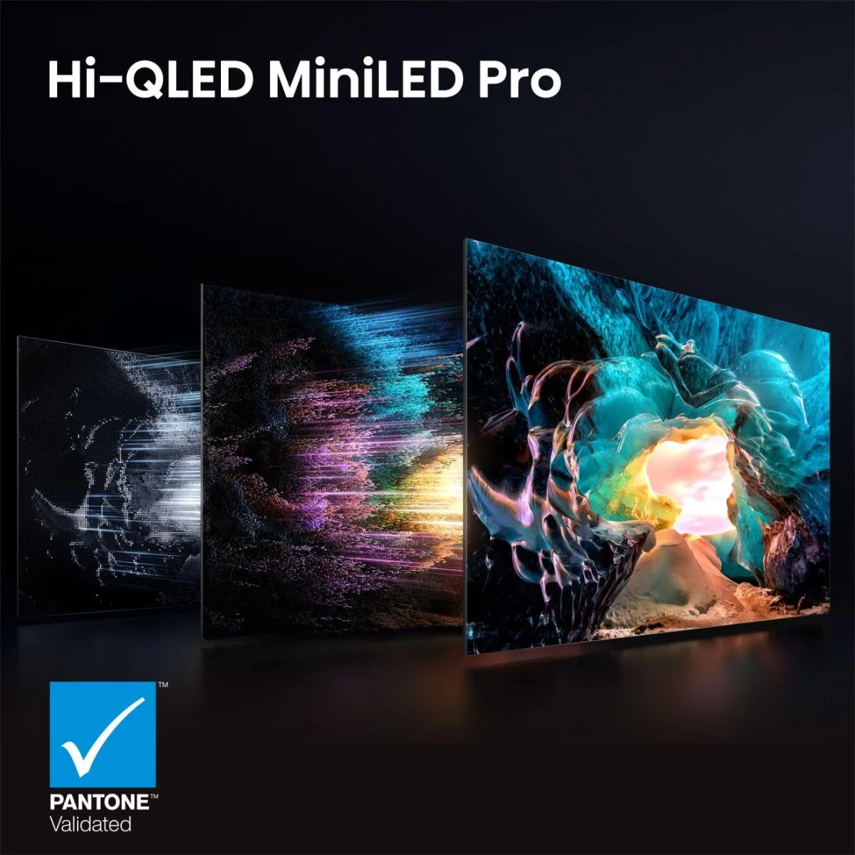 Trois écrans de télévision aux couleurs vives affichent des images abstraites colorées, surmontées de la mention « Hi-QLED MiniLED Pro », mettant ainsi en avant la technologie de pointe du HISENSE 55U7S PRO.