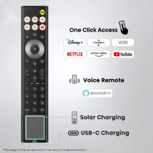 Télécommande vocale HISENSE noire et élégante, dotée de boutons dédiés aux services de streaming, d'un accès en un clic, d'une recharge solaire et via USB-C — conçue avec précision pour optimiser votre expérience télévisuelle avec le téléviseur HISENSE 55U7S PRO.