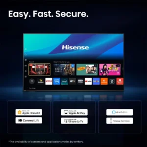Le téléviseur connecté HISENSE 55U7S PRO intègre les applications de streaming les plus populaires, HomeKit, AirPlay, Alexa et ConnectLife, et affiche des icônes de commande vocale.