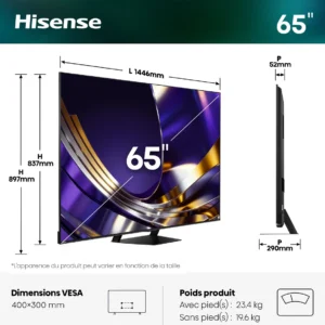 Infographie technique du téléviseur HISENSE 65U7S PRO de 65 pouces présentant ses dimensions, son épaisseur et son poids.