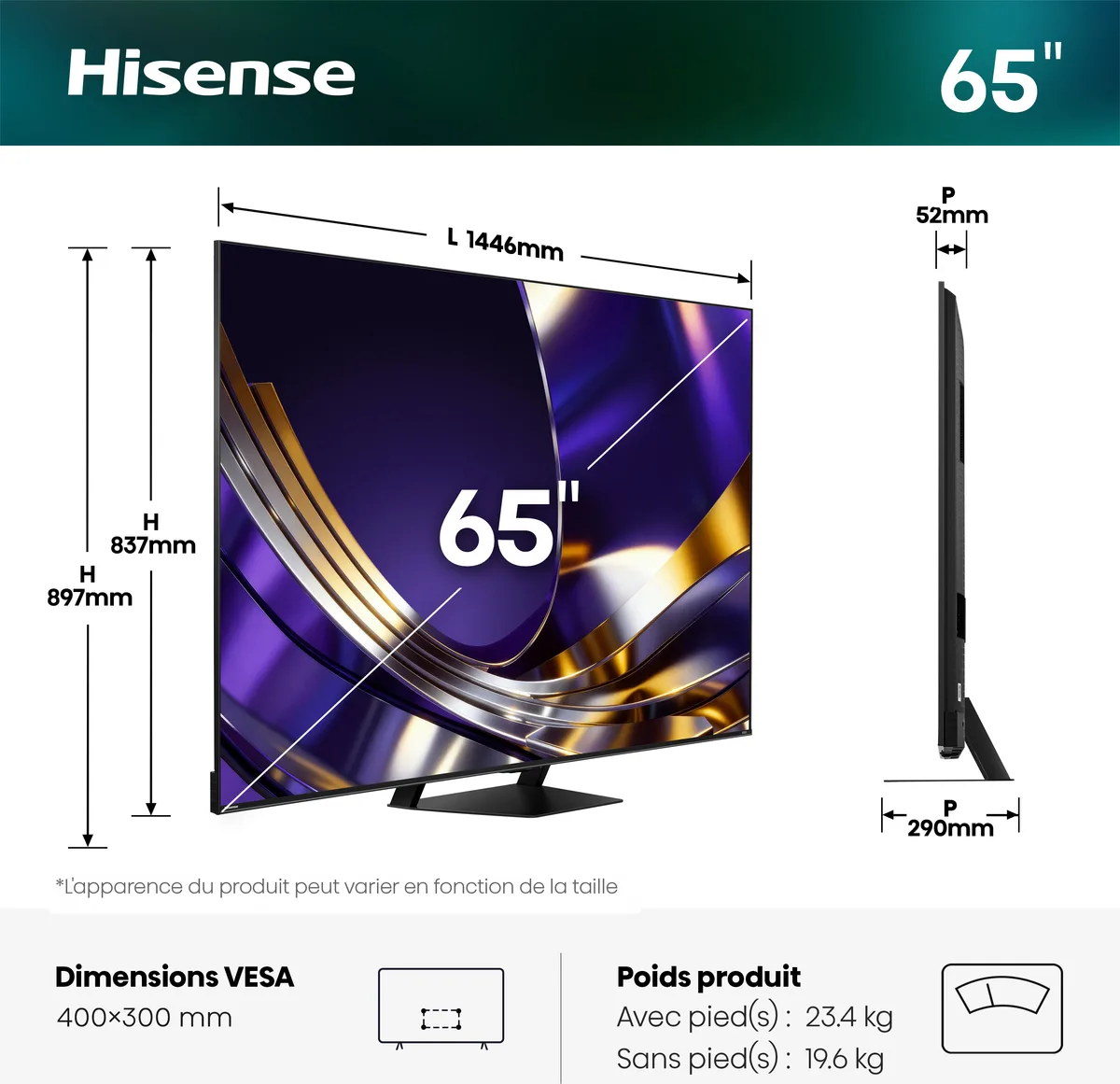 Infographie technique du téléviseur HISENSE 65U7S PRO de 65 pouces présentant ses dimensions, son épaisseur et son poids.