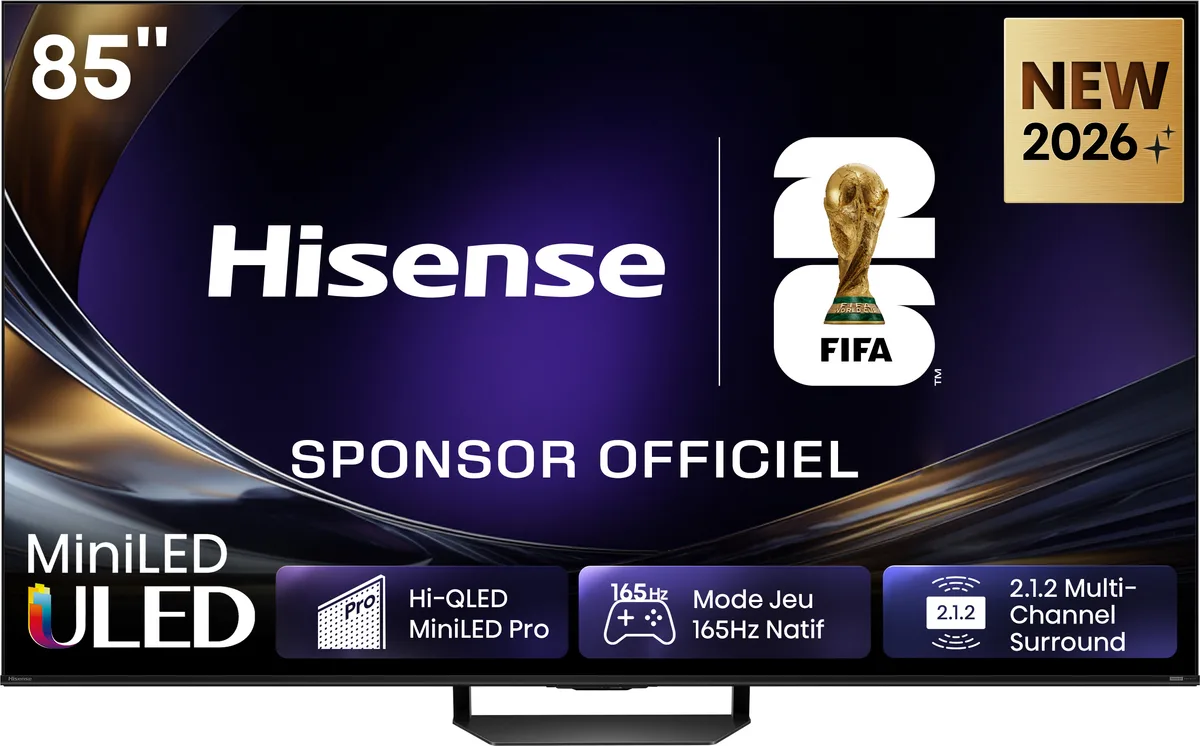 Plongez dans l'univers époustouflant du HISENSE 85U7S PRO, sponsor officiel de la FIFA 2026. Ce téléviseur connecté est doté d'un immense écran Mini-LED ULED Hi-QLED de 85 pouces, offre un taux de rafraîchissement remarquable de 165 Hz et dispose d'un son surround immersif 2.1.2, vous apportant ainsi une technologie innovante et des performances de classe mondiale directement chez vous.
