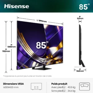 Le modèle HISENSE 85U7S PRO est présenté avec ses dimensions et son poids détaillés, illustré sous un angle de face et de profil sur fond blanc.