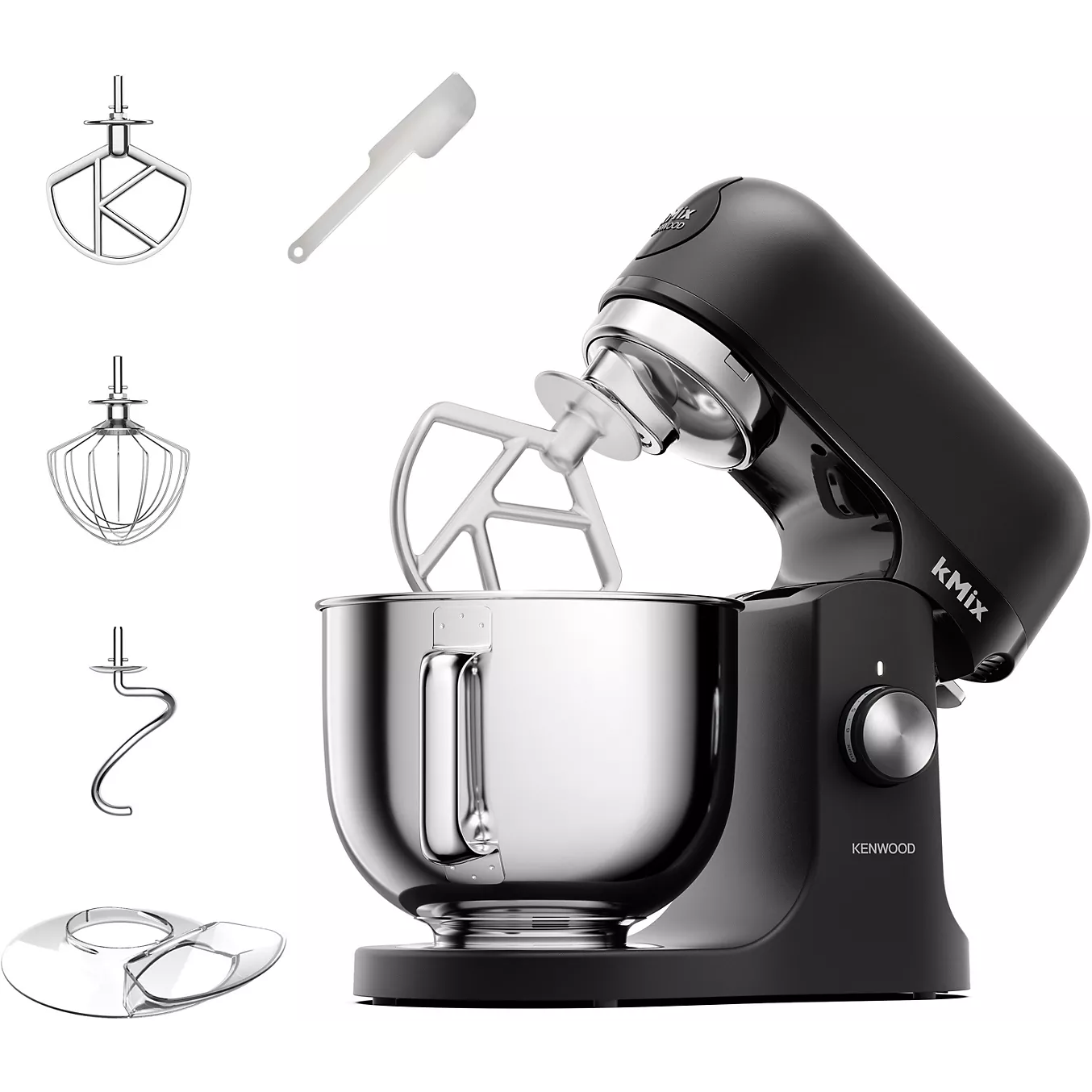 Le robot pâtissier KENWOOD KMX751ABK, au design épuré et à la finition noire, est livré avec un bol en acier inoxydable et de nombreux accessoires, le tout magnifiquement mis en valeur sur un fond blanc.