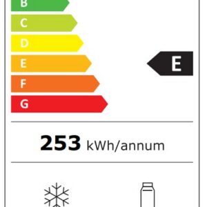 Le réfrigérateur LG GBBS10EPY affiche une classe énergétique « E » selon le label européen, avec une consommation annuelle d'énergie de 253 kWh, un compartiment congélateur de 113 litres, un compartiment réfrigérateur de 220 litres, et fonctionne à un niveau sonore de 35 dB.
