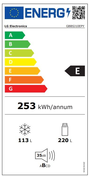 Le réfrigérateur LG GBBS10EPY affiche une classe énergétique « E » selon le label européen, avec une consommation annuelle d'énergie de 253 kWh, un compartiment congélateur de 113 litres, un compartiment réfrigérateur de 220 litres, et fonctionne à un niveau sonore de 35 dB.