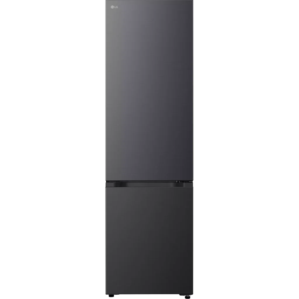 Le LG GBBSJ20DEP est un réfrigérateur noir de grande hauteur, doté d'une porte de réfrigérateur en haut et d'un compartiment congélateur en bas, photographié sur un fond uni.