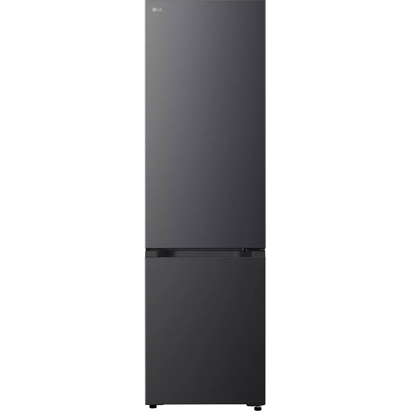 Le LG GBBSJ20DEP est un réfrigérateur noir de grande hauteur, doté d'une porte de réfrigérateur en haut et d'un compartiment congélateur en bas, photographié sur un fond uni.