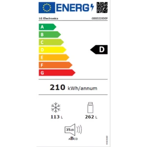 Le réfrigérateur LG GBBSJ20DEP affiche une classe énergétique D selon le label énergétique européen, avec une consommation annuelle d'énergie de 210 kWh. Il dispose d'un compartiment réfrigérateur de 262 litres et d'un compartiment congélateur de 113 litres, et fonctionne silencieusement à seulement 35 dB.