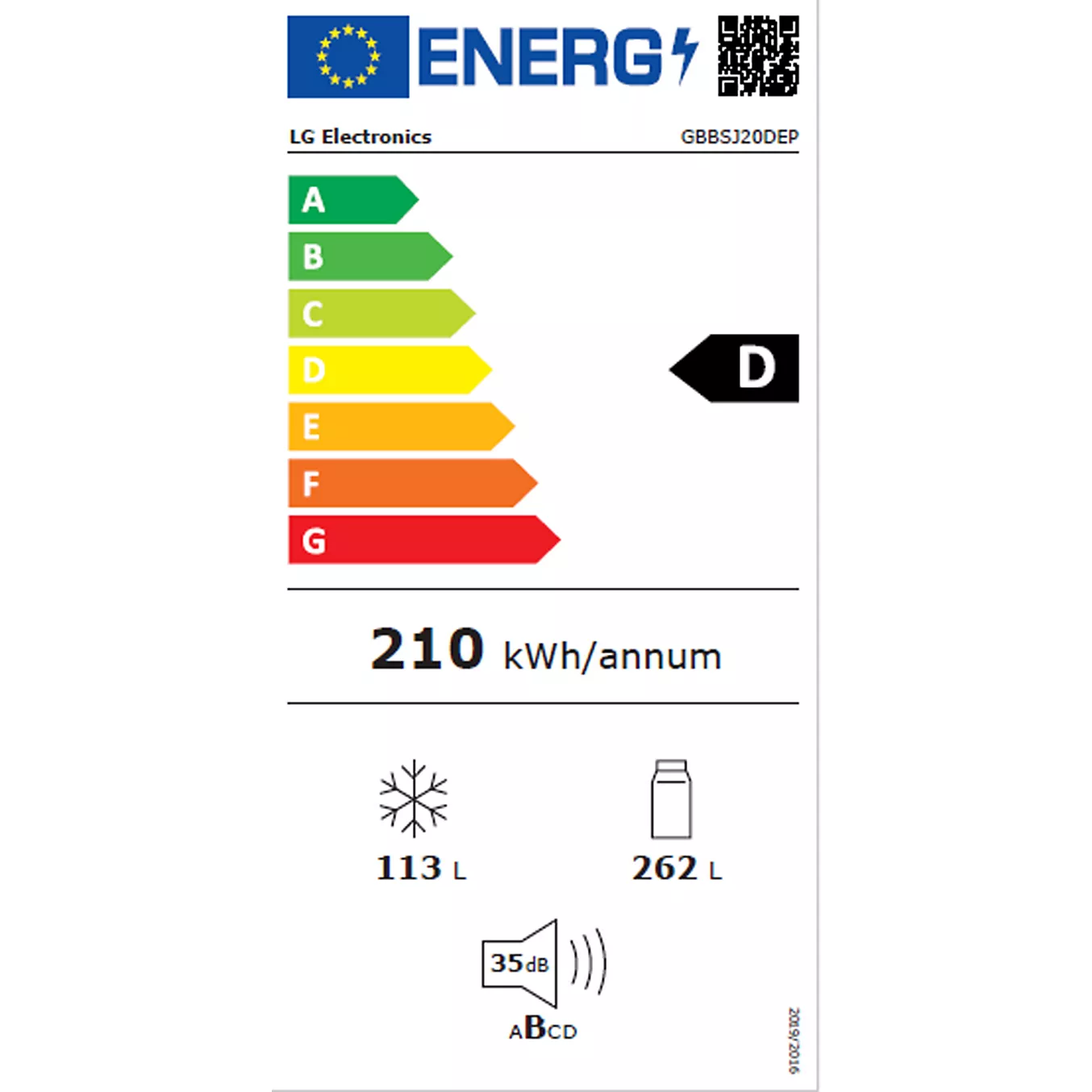 Le réfrigérateur LG GBBSJ20DEP affiche une classe énergétique D selon le label énergétique européen, avec une consommation annuelle d'énergie de 210 kWh. Il dispose d'un compartiment réfrigérateur de 262 litres et d'un compartiment congélateur de 113 litres, et fonctionne silencieusement à seulement 35 dB.